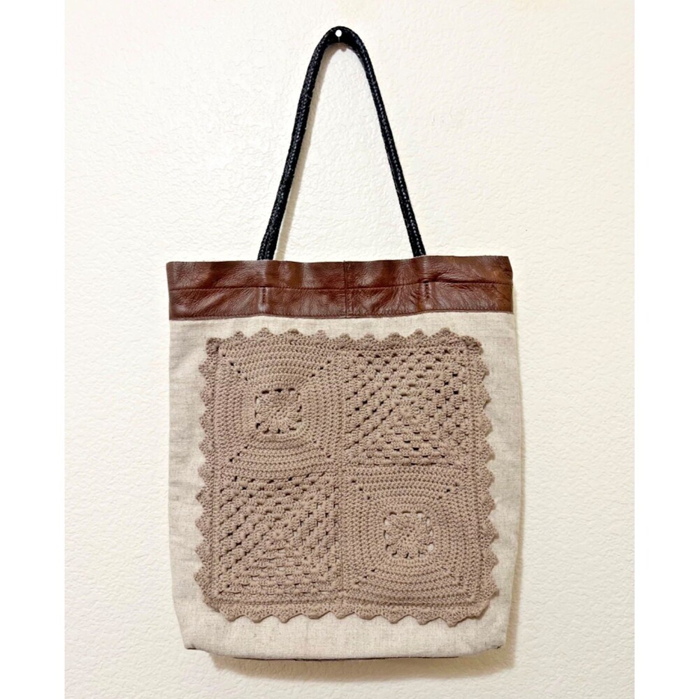 POL Beige/Brown Canvas Granny Square Crochet Panel Tote Bag Leather Boho 17x18